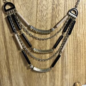 NY Brand Black & Tan 5 Strand Necklace Enamel Beads & Rhinestones 17-20 inch